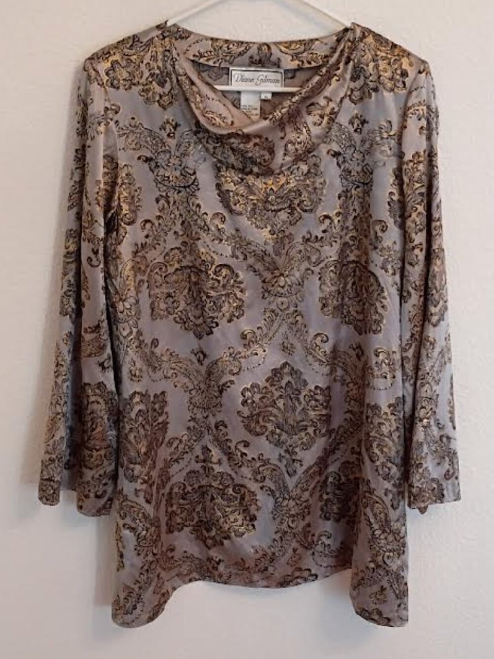 VINTAGE DIANE GILMAN TOP GRAY BLACK GOLD DRAPE NECK 100% SILK 80'S 90'S MEDIUM